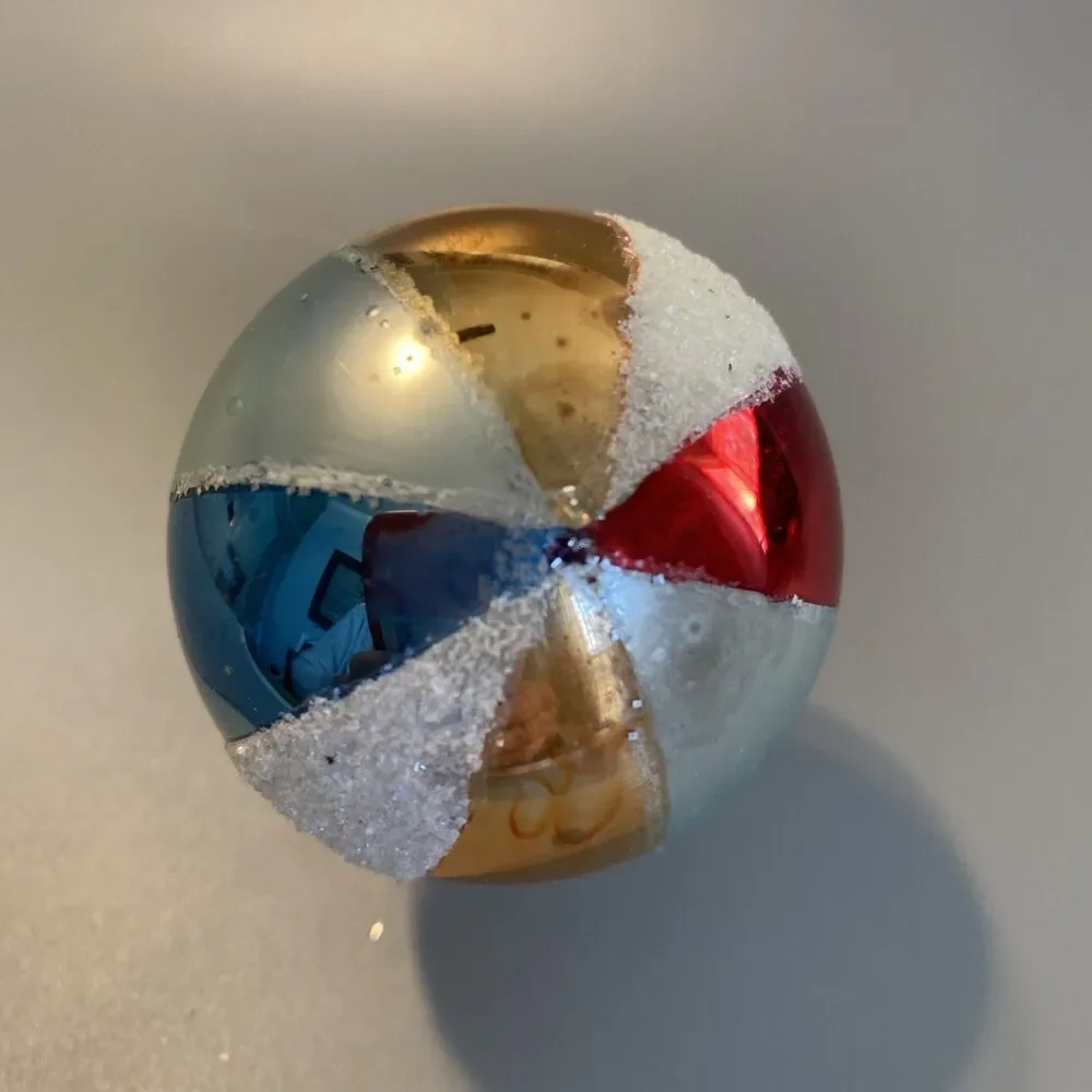 Vintage Hand-Blown Glass Christmas Ornament 6.75” Ball Multicolor Striped Mica